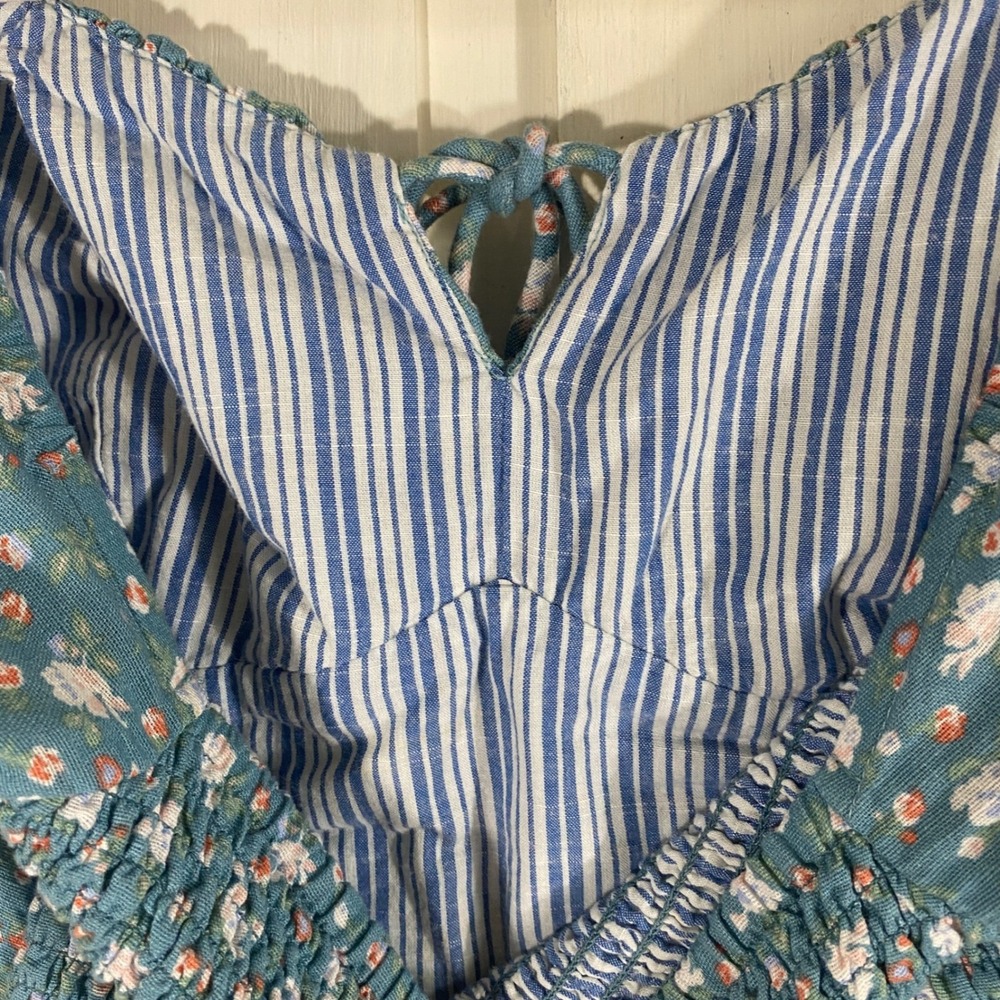 Laura Ashley x Lucky Brand Smocked Peasant Top XS Blue Floral Fairy Cottagecore - Picture 9 of 11